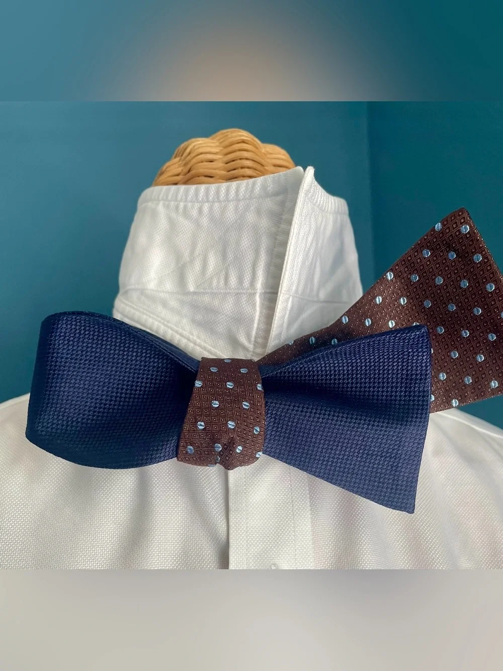 JOE Joseph Abboud Bow Tie Two Tone Self Tie Navy Brown Blue Dot 100% Silk